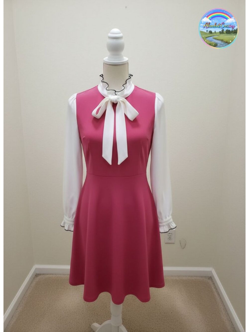Vintage 1960s Long Sleeve Mini Dress Ruffle Neck Bow Tie A-Line